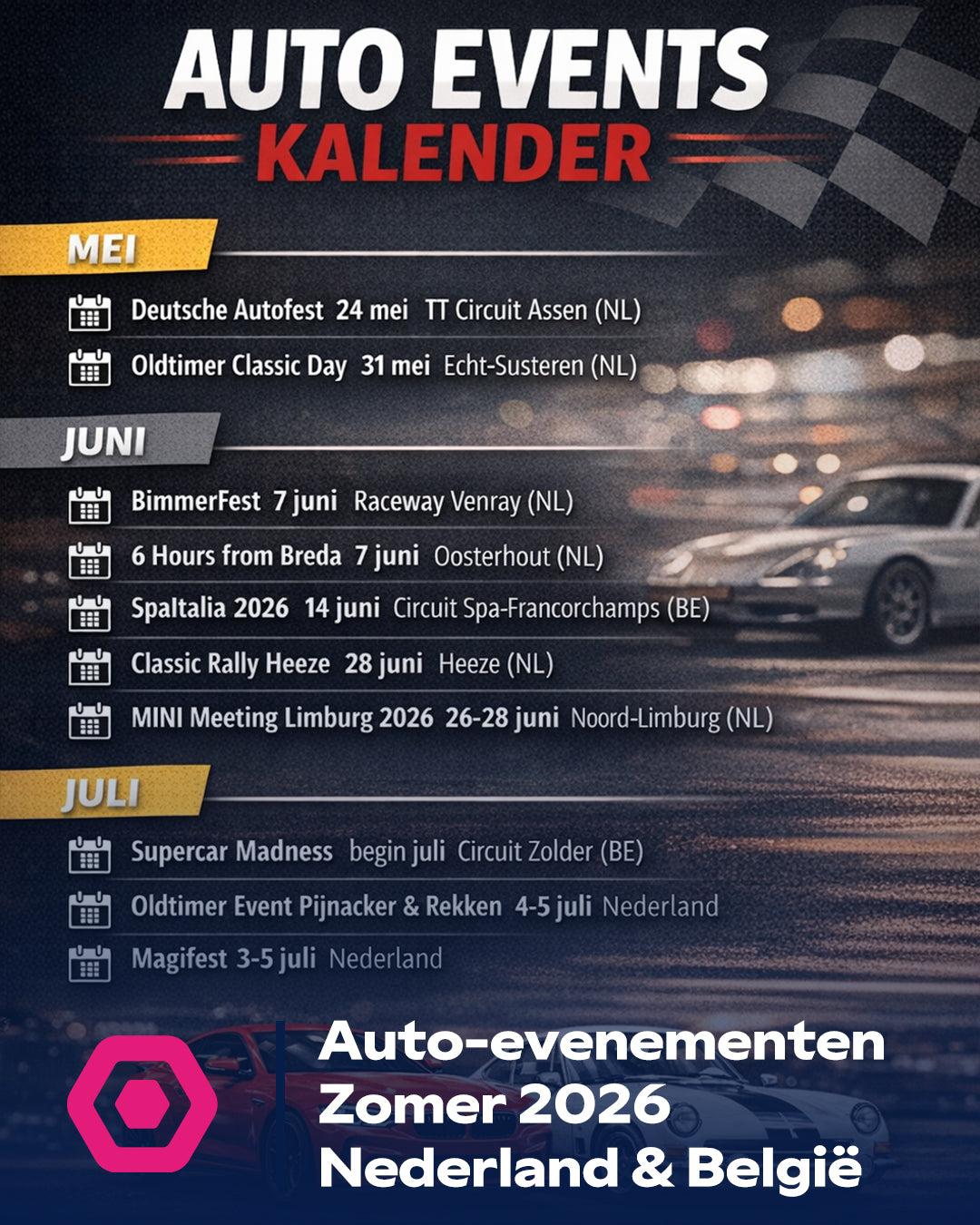 Auto-evenementen in Nederland en België in mei, juni en juli 2026