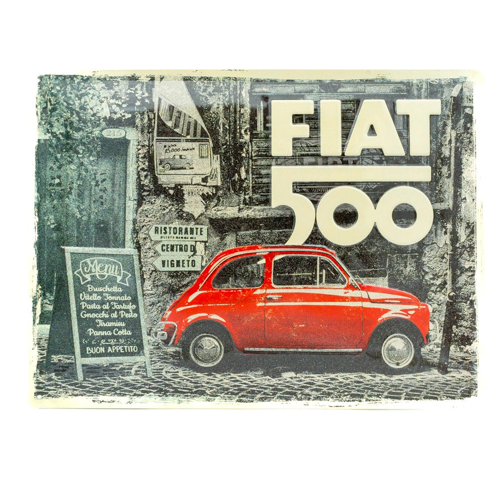 Metalen wandbord Fiat 500 Red car in the street | Nostalgic-Art