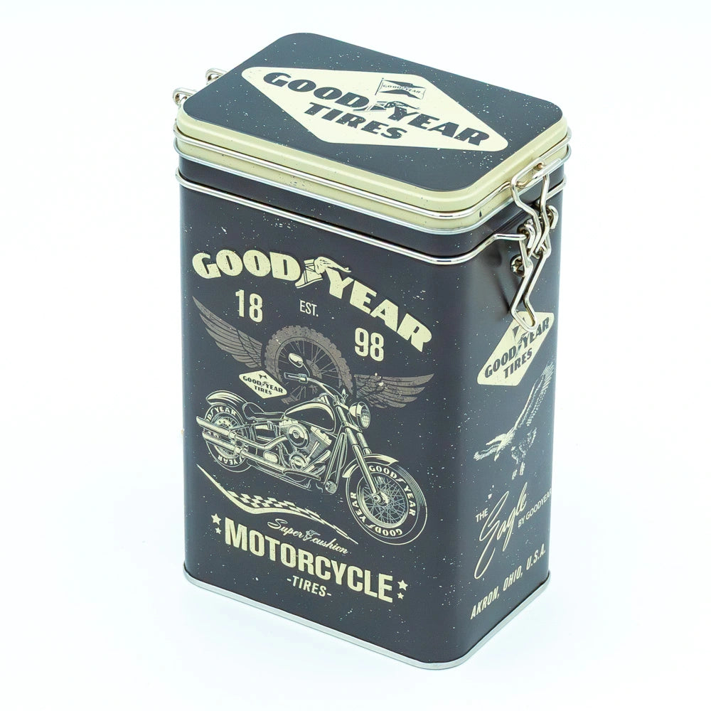 Tinnen blik Goodyear Motorcycle met klipsluiting | Nostalgic-Art